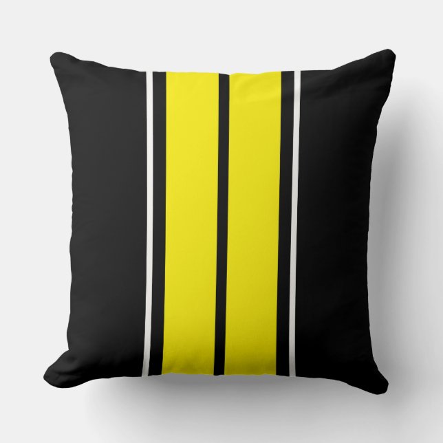 Athletic Bright Yellow Black White Racing Stripes Throw Pillow (Front)