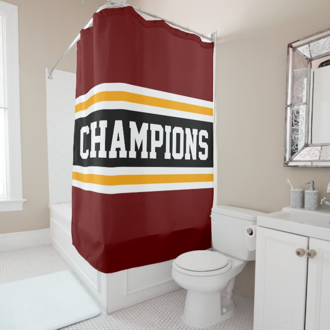 Athletic CHAMPIONS Bold Red Black Orange Stripes Shower Curtain (In Situ)