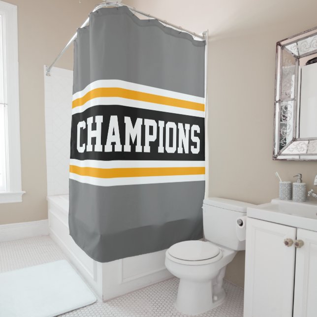 Athletic CHAMPIONS Gray Black Orange Stripes Shower Curtain (In Situ)