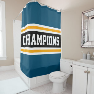 Athletic CHAMPIONS Teal Blue Orange Racing Stripes Shower Curtain