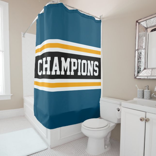 Athletic CHAMPIONS Teal Blue Orange Racing Stripes Shower Curtain (In Situ)