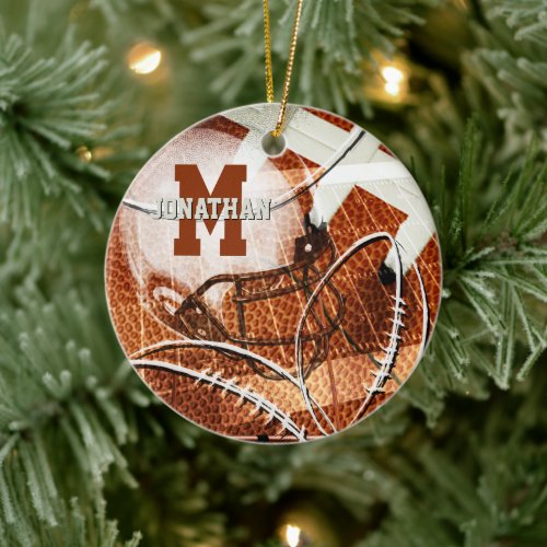 athletic gifts varsity letter monogram football ceramic ornament