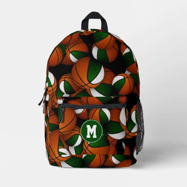 Athletic green white team colors basketballs printed backpack (Front)