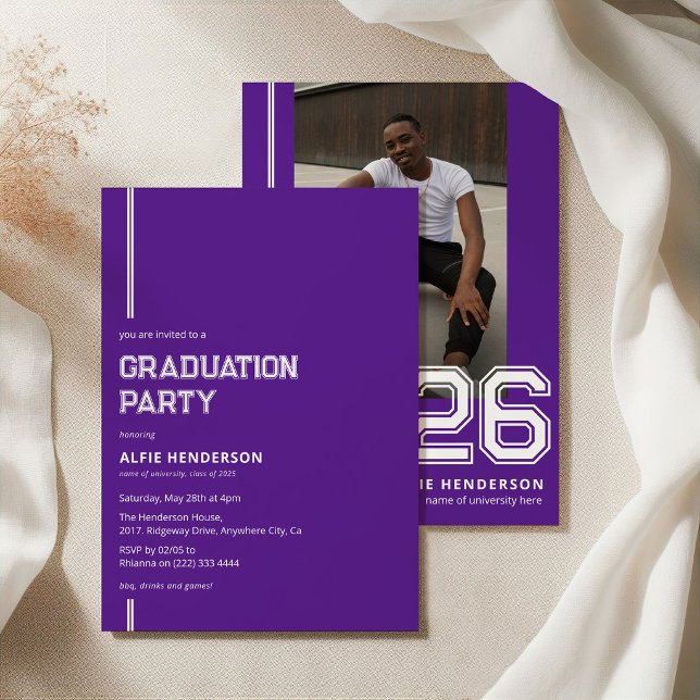 Athletic Photo Graduation Party Purple Invitation (Creator Uploaded)
