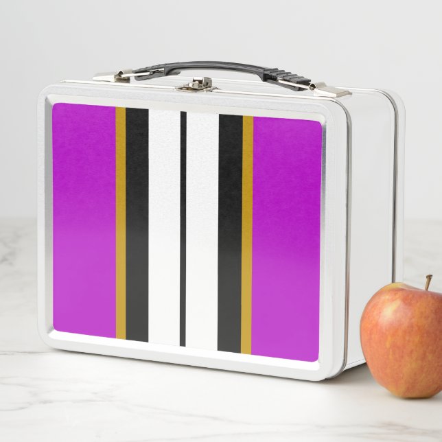 Athletic Pink Black White Vertical Racing Stripes Metal Lunch Box (In Situ)