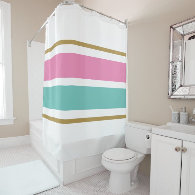 Athletic Retro Aqua Pink Racing Stripes On White Shower Curtain (In Situ)