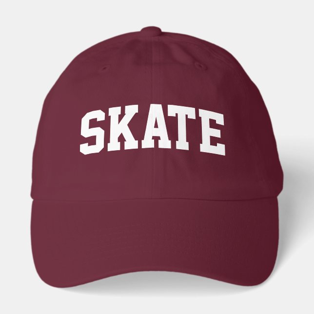 Athletic SKATE White Text Maroon Red Background Hat (Front)