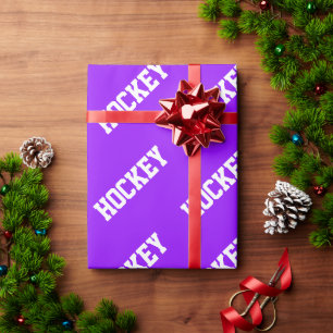 Athletic Slant White HOCKEY Text On Bright Purple Wrapping Paper