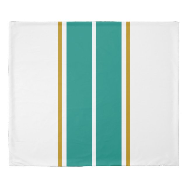 Athletic Teal Blue Brown Racing Stripes On White Duvet Cover (Front)