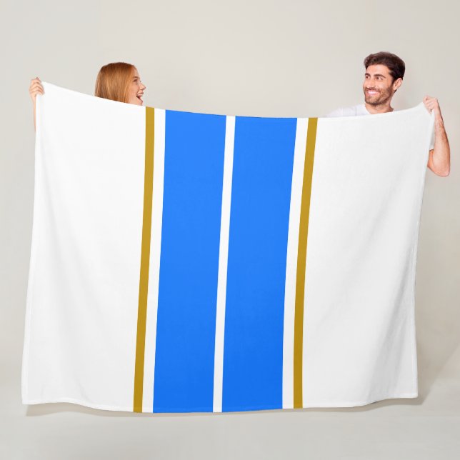 Athletic Twin Bright Blue Racing Stripes On White Fleece Blanket (In Situ)