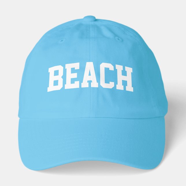 Athletic White BEACH Text Fun Neon Blue Background Hat (Front)