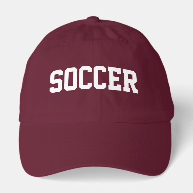 Athletic White SOCCER Text Bold Maroon Background Hat (Front)