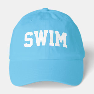 Athletic White SWIM Text Bright Blue Background Hat