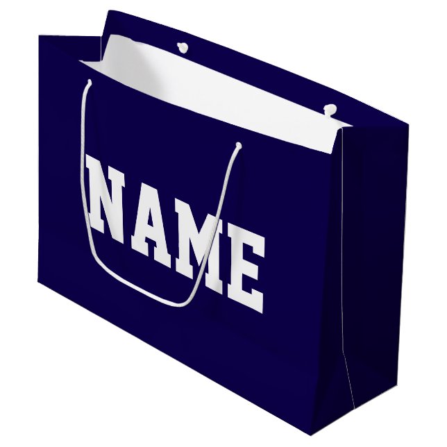 Athletic White YOUR NAME Text On Deep Navy Blue Large Gift Bag (Front Angled)