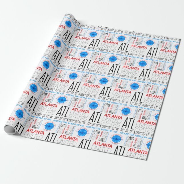 ATL, Atlanta Travel The World By Air Pattern Wrapping Paper (Unrolled)