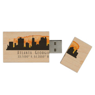 Atlanta City Skyline Map Coordinates Wood Flash Drive