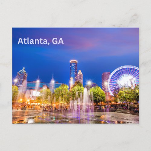 Atlanta GA City Park Night View Postcard