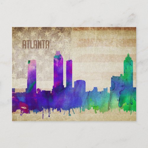 Atlanta GA  Watercolor City Skyline Postcard
