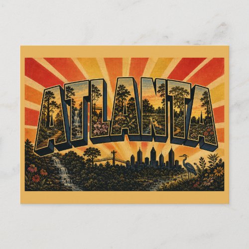Atlanta Georgia City in a Forest Waterfall Art Postcard