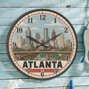 Atlanta Georgia Skyline Vintage Travel Poster Large Clock