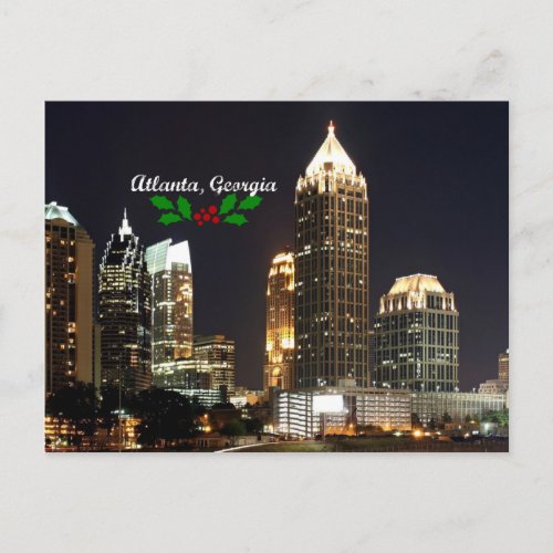 Atlanta Georgia Skyline with Christmas holly Postcard