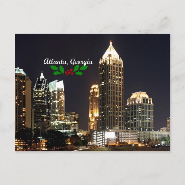 Atlanta, Georgia Skyline with Christmas holly Postcard (Front)