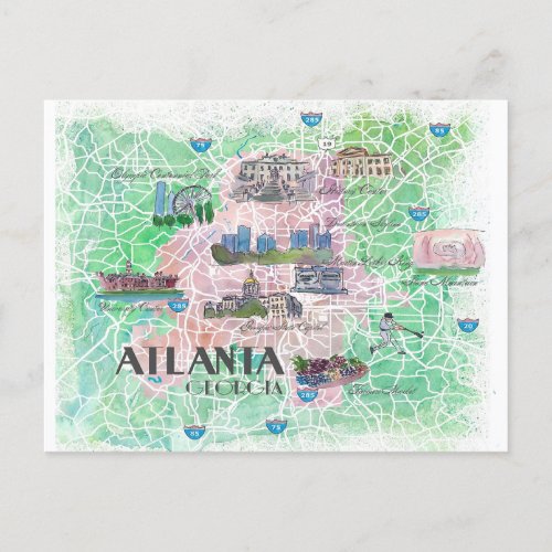 Atlanta Georgia USA Illustrated Map  Postcard