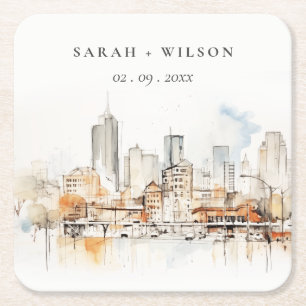 Atlanta Georgia Watercolor Landscape Wedding Square Paper Coaster