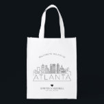 Atlanta, Georgia Wedding | Stylized Skyline Grocery Bag<br><div class="desc">A unique wedding bag for a wedding taking place in the beautiful city of Atlanta,  Georgia.  This bag features a stylized illustration of the city's unique skyline with its name underneath.  This is followed by your wedding day information in a matching open lined style.</div>
