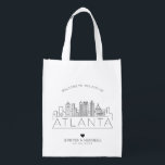 Atlanta, Georgia Wedding | Stylized Skyline Grocery Bag<br><div class="desc">A unique wedding bag for a wedding taking place in the beautiful city of Atlanta,  Georgia.  This bag features a stylized illustration of the city's unique skyline with its name underneath.  This is followed by your wedding day information in a matching open lined style.</div>
