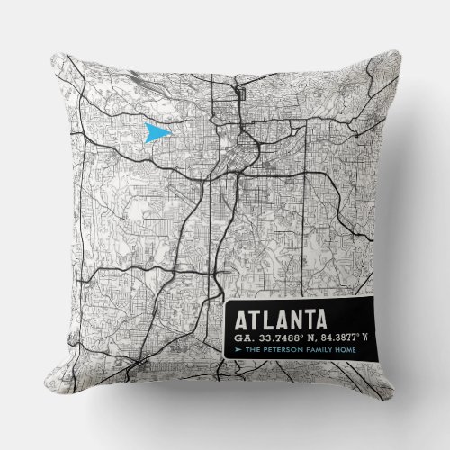 Atlanta Home Location  City Map Themed Throw Pillow