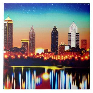 Atlanta Skyline by Night with Reflections Ceramic Tile