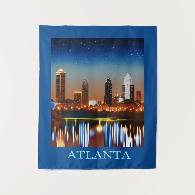 Atlanta Skyline by Night with Reflections Tapestry (Front)
