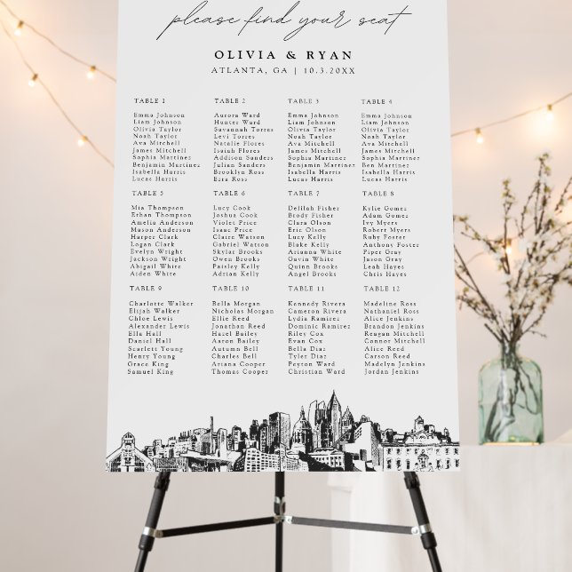Atlanta Wedding 12 Table Seating Chart 24x36 Foam Board (In Situ (Stand))