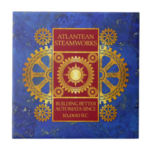 Atlantean Steamworks - Gold & Red on Lapis Lazuli Ceramic Tile