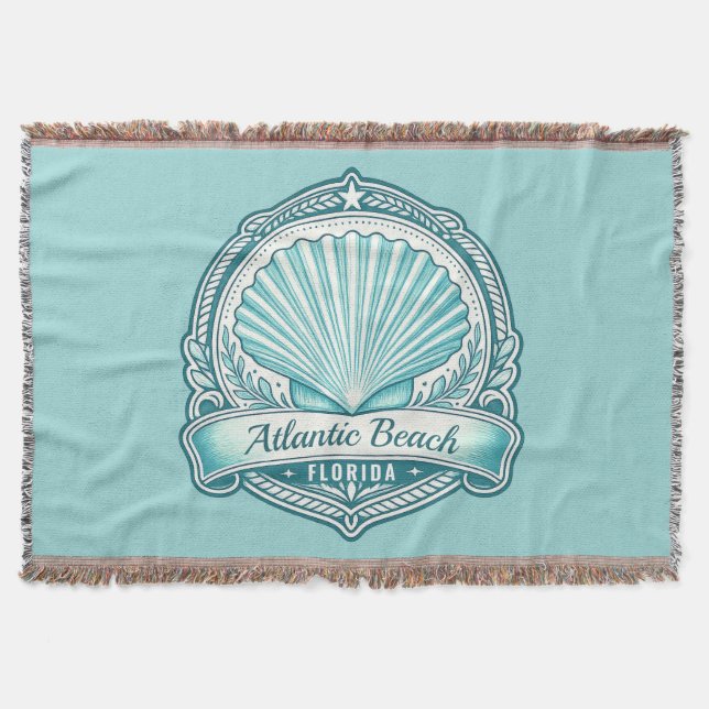 Atlantic Beach FL Coastal Seashell Emblem Throw Blanket (Front)