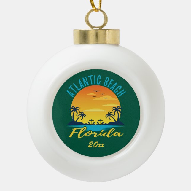 Atlantic Beach Florida Palm Trees Sunset Ceramic Ball Christmas Ornament (Front)
