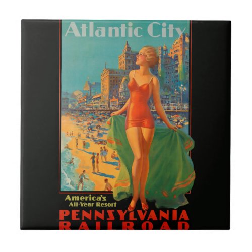 Atlantic City Beach Beauty Vintage Artwork Ceramic Tile