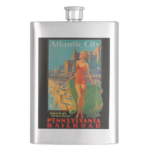 Atlantic City Beach Beauty Vintage Artwork Flask