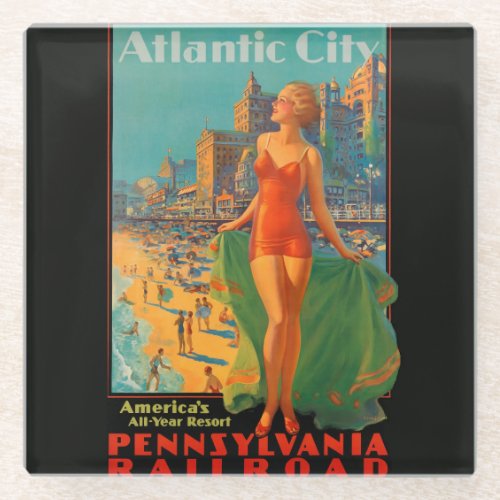 Atlantic City Beach Beauty Vintage Artwork Glass Coaster