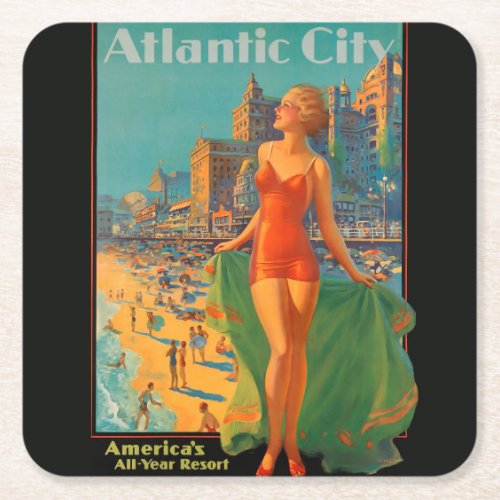 Atlantic City Beach Beauty Vintage Artwork Square Paper Coaster
