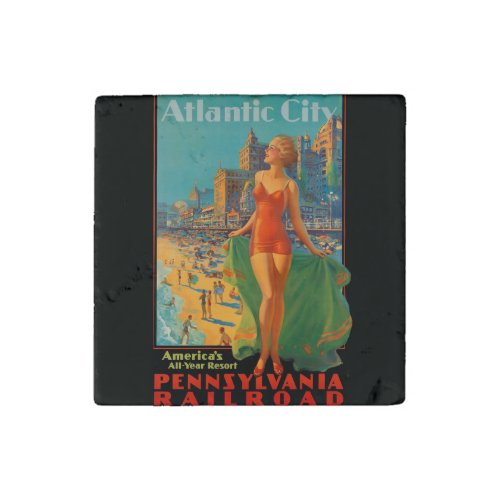 Atlantic City Beach Beauty Vintage Artwork Stone Magnet