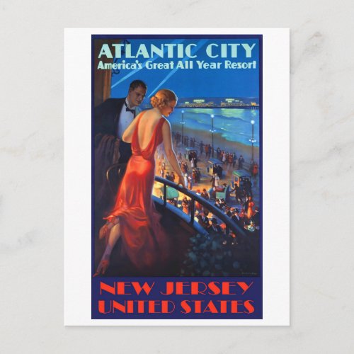 Atlantic City Couple on Romantic Summer Night Postcard