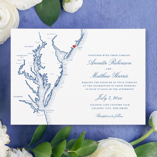 Atlantic City New Jersey Elegant Wedding Invitation (Elegant Atlantic City NJ Wedding invitation with navy blue Jersey Shore map from Coastal Map Designs)