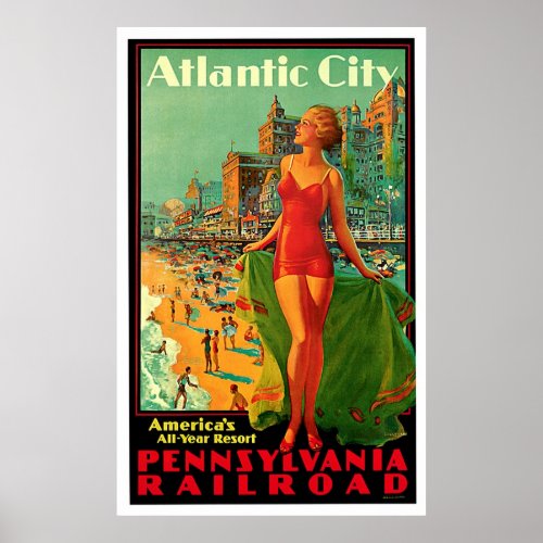 Atlantic City New Jersey Girl Vintage Travel Poster