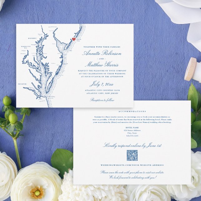 Atlantic City NJ all-in-one QR code RSVP Wedding Invitation (Atlantic City NJ All-in-One QR code Wedding invitation from Coastal Map Designs)