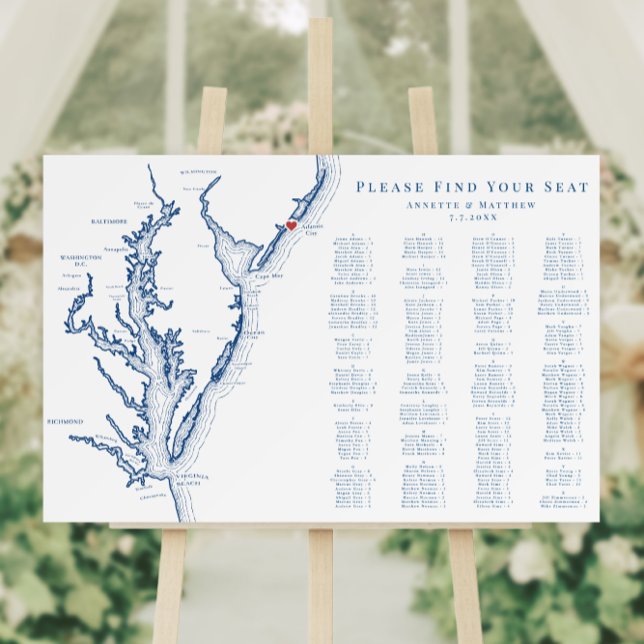 Atlantic City NJ Alphabetized Wedding Seating 200 Foam Board (Atlantic city New Jersey Wedding 200 guest alphabetized seating chart with elegant navy blue map )