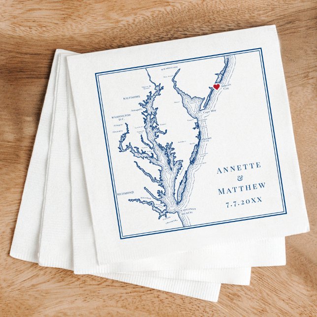 Atlantic City NJ Elegant Navy Blue Map Wedding Napkins (These Atlantic City, NJ wedding napkins are perfect for your Jersey Shore destination wedding)