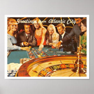 Atlantic City NJ, Gambling, Roulette, Retro Postc Poster