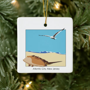 Atlantic City, NJ Horseshoe Crab Seagull Beach Ceramic Ornament